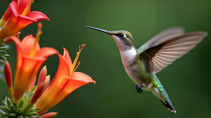 Naklejka premium Ruby Throated Hummingbird Feeding on Honeysuckle Flowers in Summer.