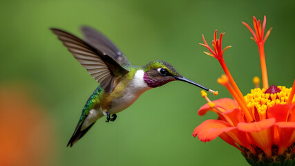 Fototapeta premium Ruby Throated Hummingbird Feeding on Honeysuckle Flowers in Summer.