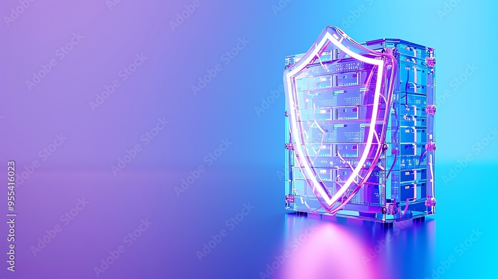 Poster futuristic digital security concept with neon shield over server stack, representing cybersecurity a