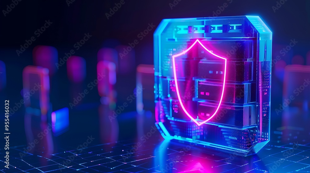 Aufkleber futuristic digital security concept with neon shield symbol and data servers on a dark background, r