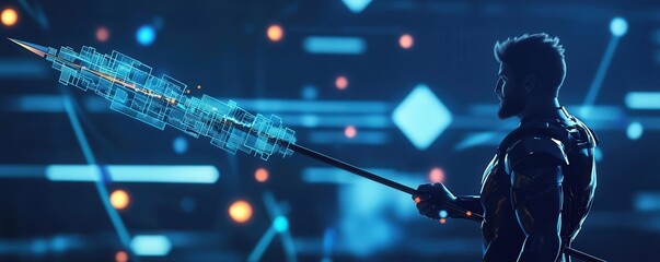 A business warrior wielding a spear made of graphs and charts, symbolizing the use of data and strategy to achieve business victories