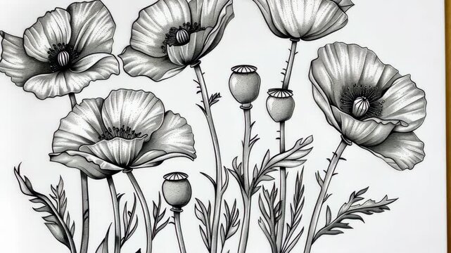 Detailed black and white illustration of poppy flowers with a variety of stages depicted in artistic style