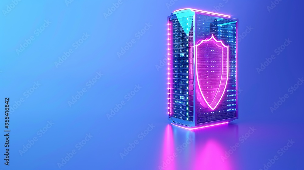 Aufkleber futuristic digital server with neon lights and shield icon, representing cybersecurity and data prot