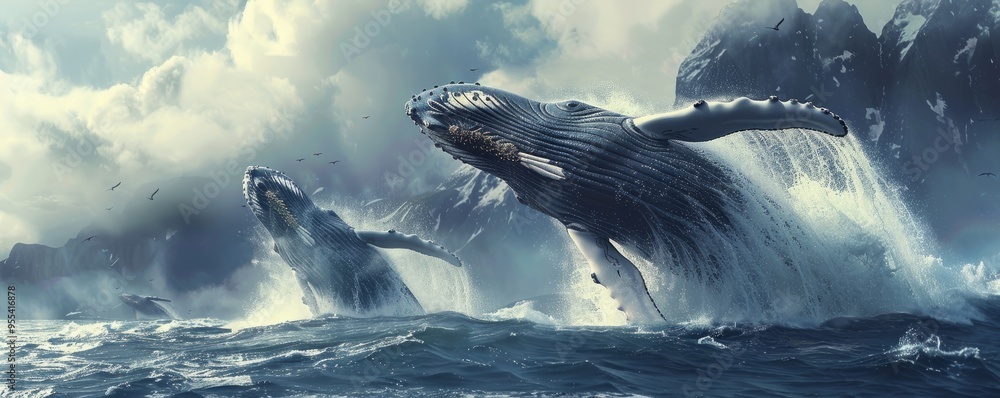 Wall mural majestic humpback whales breaching in ocean, 4k hyperrealistic photo