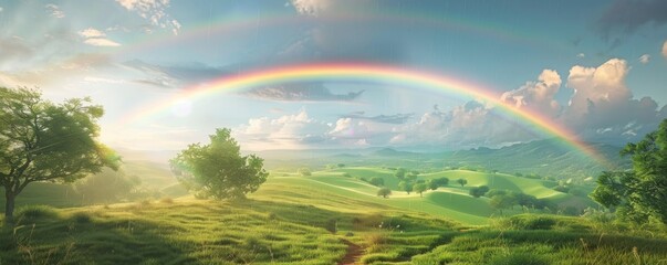 Obraz premium Rainbow over peaceful countryside, 4K hyperrealistic photo