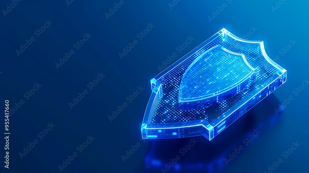 Poster futuristic digital shield, symbolizing cybersecurity and data protection, illuminated in blue on a d