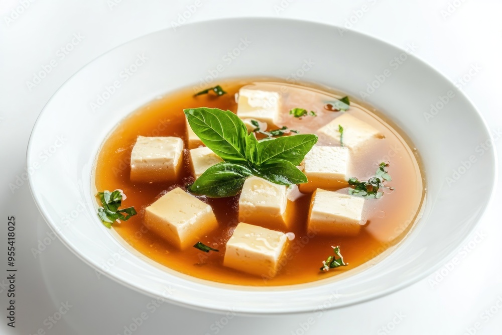 Poster tofu soup with basil garnish