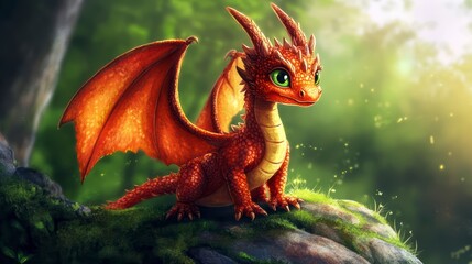 Charming dragon with big eyes among autumn leaves and fireflies, fantasy atmosphere
