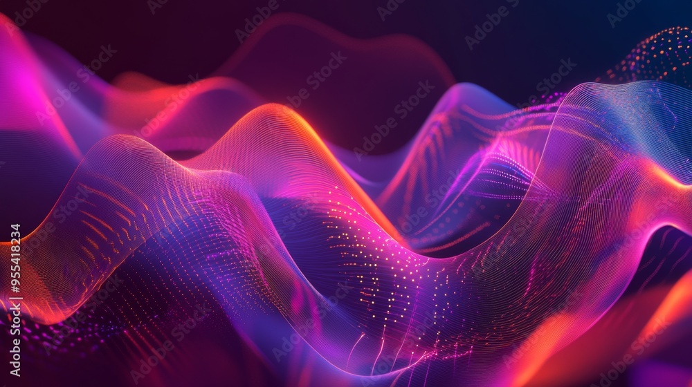 Poster an abstract illustration of electrical waves with glowing lines and curves, symbolizing data transmi