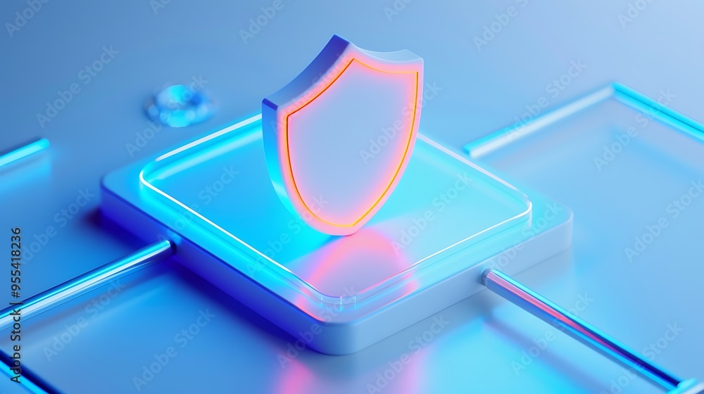 Poster futuristic digital shield icon representing cybersecurity protection and data security on a glowing 