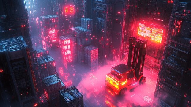 Futuristic Warehouse with Neon Lights and AI-controlled Forklift Generative AI - Powered by Adobe