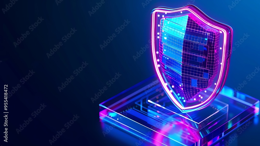 Poster futuristic digital shield in neon colors representing cybersecurity and data protection on a dark ba