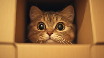 An adorable chubby cat peeking out from a cardboard box, its eyes wide with curiosity and mischief.