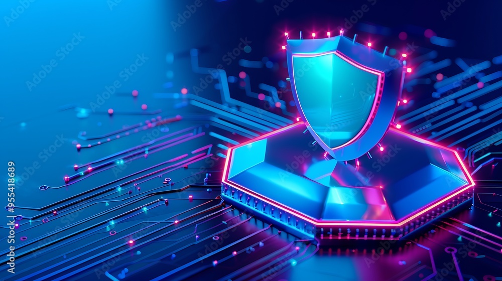 Poster futuristic digital shield on a glowing circuit board representing cybersecurity and data protection 