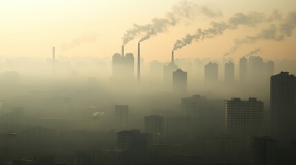 A city skyline obscured by thick smog, with factory chimneys emitting smoke, illustrating severe air pollution and its impact on urban areas.