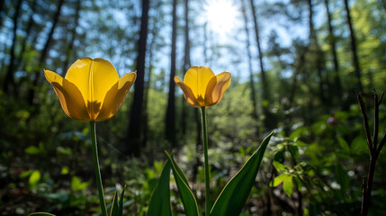 Obraz premium Two Tulips Pointing at the Sky Next to the Forest