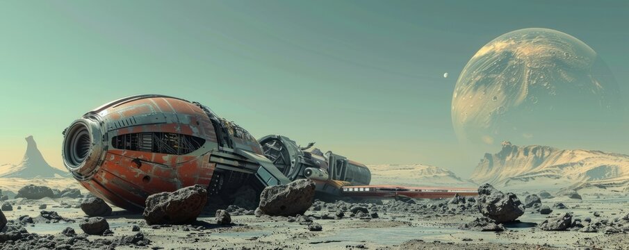 Crashed spaceship on an unknown planet, 4K hyperrealistic photo