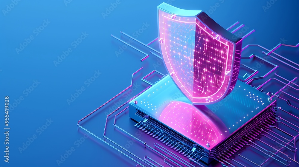 Poster futuristic digital shield over a computer chip, representing cybersecurity and data protection in te