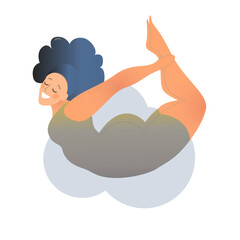 Plus size curvy lady doing yoga class. Vector illustration isolated on white. Online home workout concept. Body positive. Attractive overweight woman.