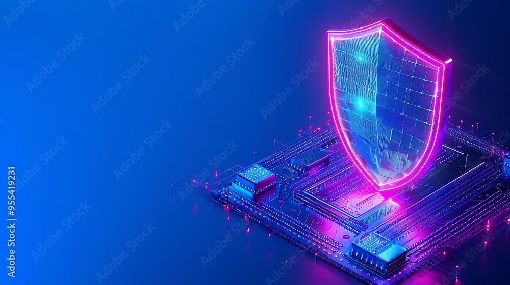Poster futuristic digital shield protecting a microchip, symbolizing advanced cybersecurity technology and 
