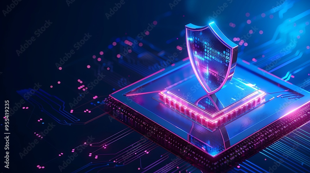 Poster futuristic digital shield protecting a microchip, representing cybersecurity and data protection in 