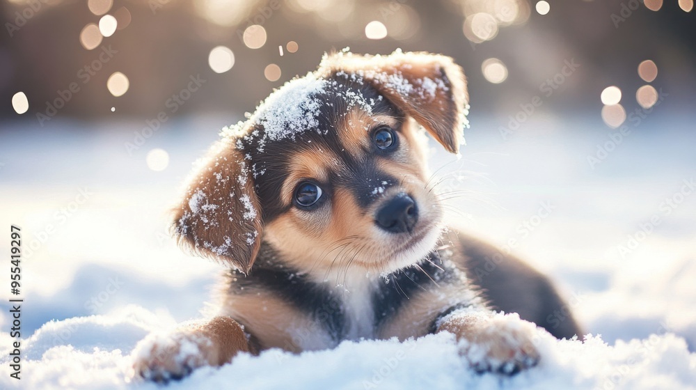 Poster an adorable puppy playing in the snow, its fur dusted with snowflakes and its eyes sparkling with de