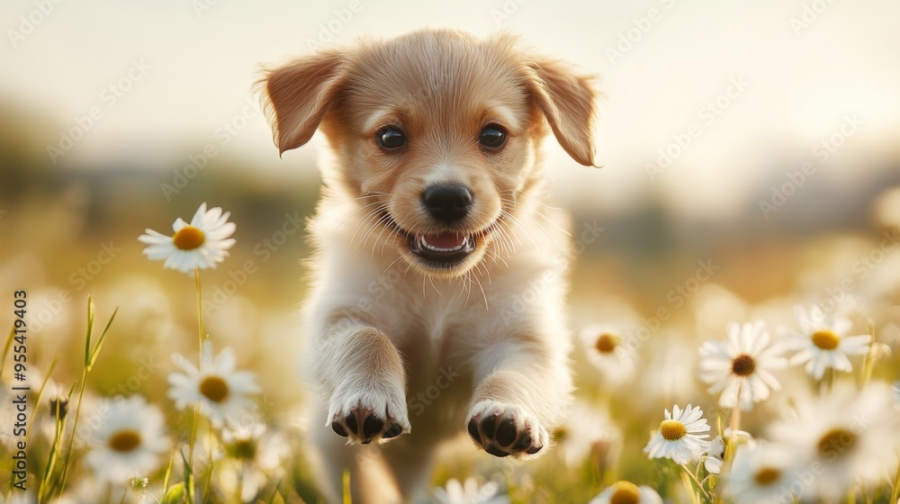 Poster an adorable puppy running through a field of daisies, its ears flapping and a look of pure happiness