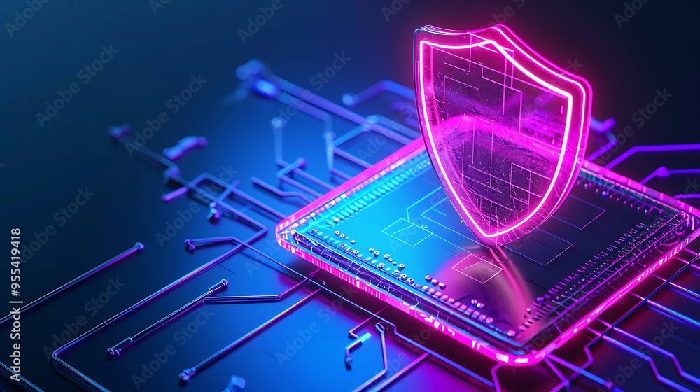 Poster futuristic digital shield protecting a microchip, symbolizing advanced cybersecurity technology on a