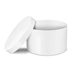 White blank open round cardboard gift box with separate lift-off lid. Realistic 3d vector mock-up. Cylinder two-piece box. Mockup. Circle carton packaging isolated. Template for design