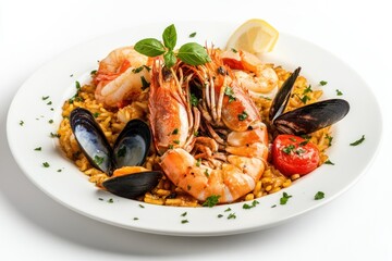 Seafood Paella with Shrimps, Mussels and Lemon