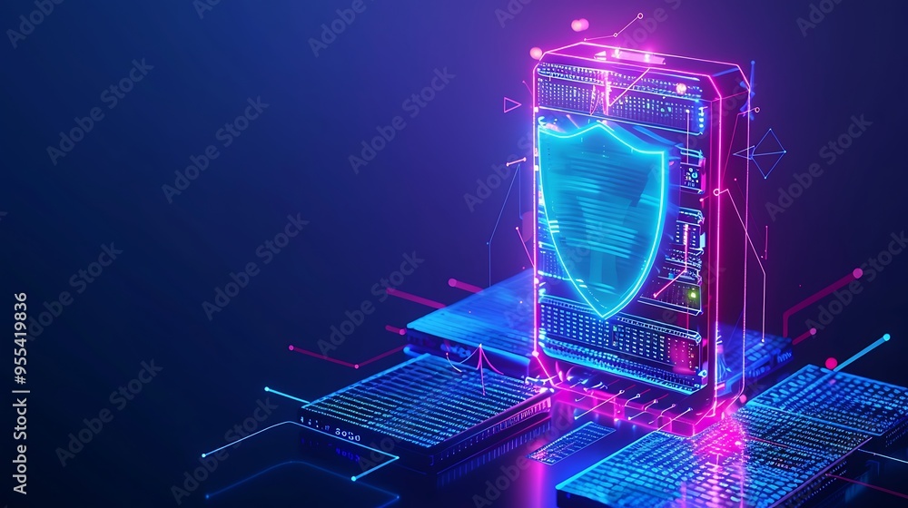 Poster futuristic digital shield protecting data on a server, representing advanced cybersecurity technolog