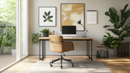 Fototapeta premium An airy home office in minimalist decor, with a sleek desk, ergonomic chair, and minimalistic artwork, promoting focus and productivity.