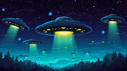 Vector Illustration of Alien Invasion with Flying Saucers