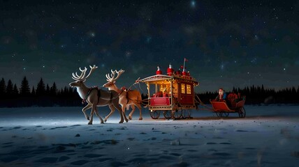 Magical Santa Claus Sleigh Ride with Reindeer Under the Starry Night. Generated AI