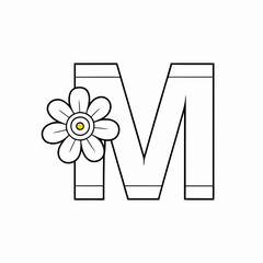 Letter M with flower is line art coloring pages vector illustration