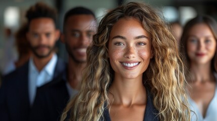 Fototapeta premium A woman with curly hair is smiling at the camera