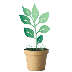 Minimalistic illustration of a green potted plant with leaves in a textured pot. Ideal for interior design and decoration themes.