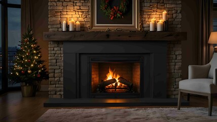 Cozy Winter Evening by the Fireplace with Warm Candlelight. Generated AI