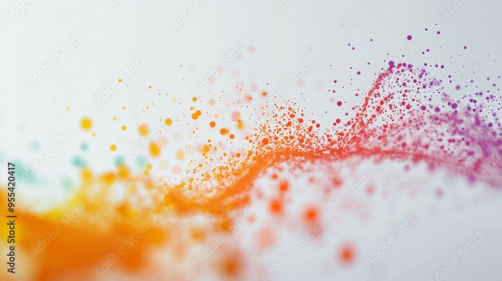 Poster an animated 3d scatter plot with data points in various colors and sizes, displayed with a soft grad