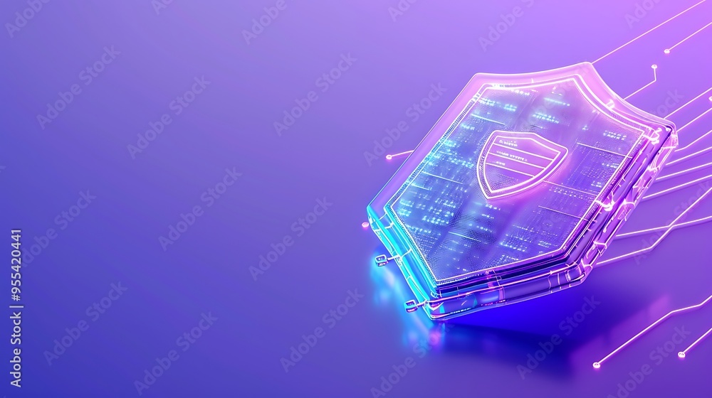 Poster futuristic digital shield representing cybersecurity and data protection on a purple background with