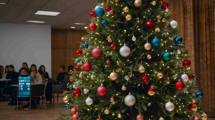 Beautifully Decorated Christmas Tree with Colorful Ornaments and Lights. Generated AI
