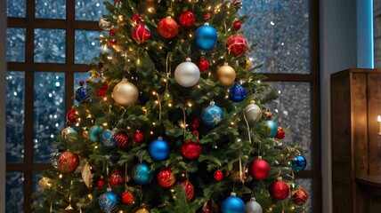 Beautifully Decorated Christmas Tree with Colorful Ornaments and Lights. Generated AI