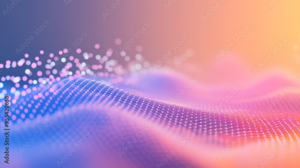 Poster an animated 3d scatter plot with data points in various colors and sizes, displayed with a soft grad