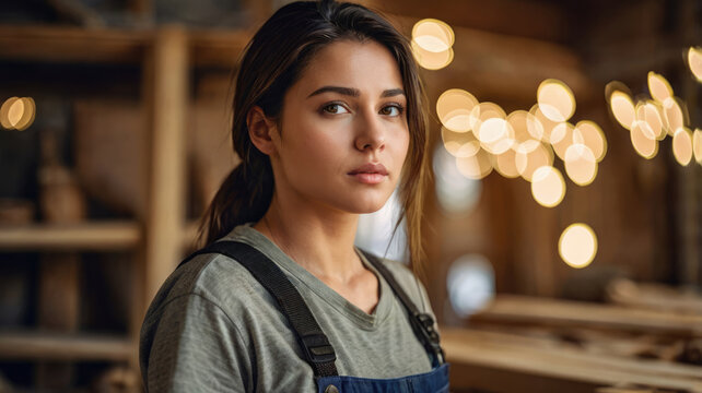 young caucasian woman in overalls standing in workshop