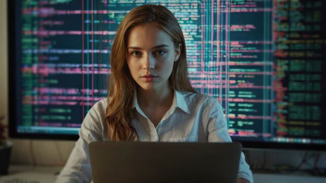 young female programmer working on laptop at night in office