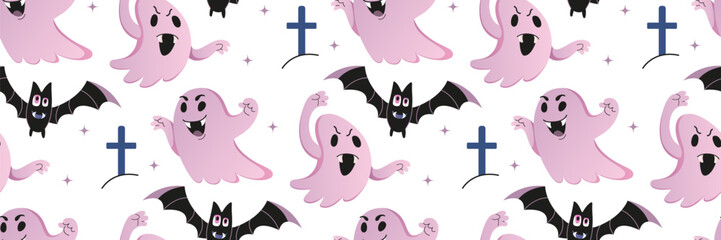 Halloween seamless pattern. Cute pink ghost with bats. Boo scary Poltergeist. Spooky cartoon characters. Halloween festive background with bat, ghost. Trick or treat. Vector flat illustration.