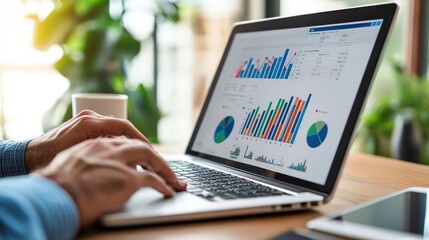 Digital Marketing Strategy: Individual works on a laptop displaying online marketing strategies.