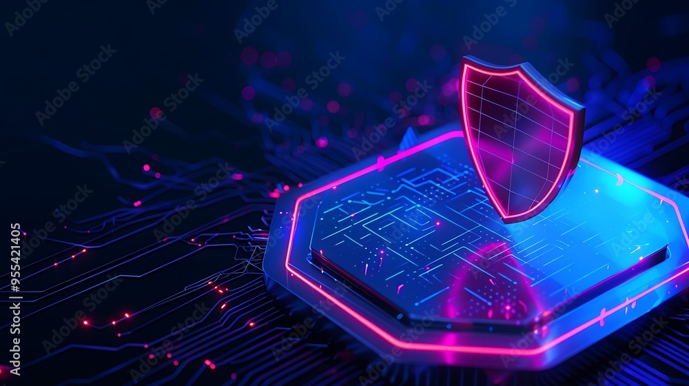 Poster futuristic digital shield symbolizing cybersecurity and data protection in a high-tech environment w