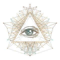Sacred geometry symbol with all seeing eye over in acid colors. Mystic, alchemy, occult concept. Design for indie music cover, t-shirt print, psychedelic poster, flyer. Astrology, esoteric, religion.