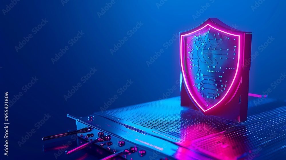 Poster futuristic digital shield symbolizing cybersecurity and data protection on a circuit board with neon
